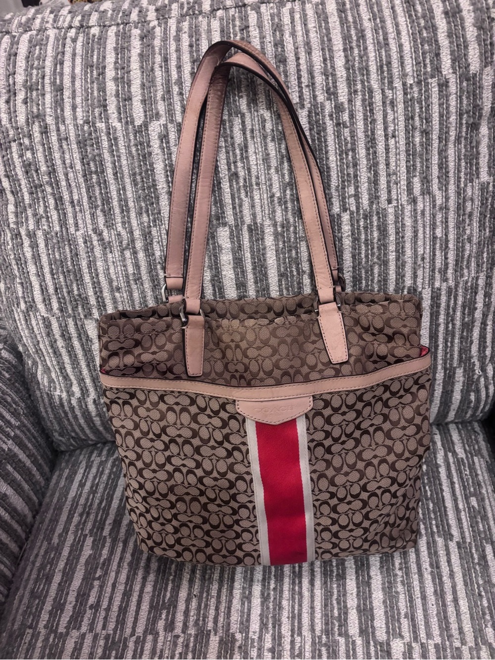 Coach Brown Signature Canvas Tote with Orange Center Stripe